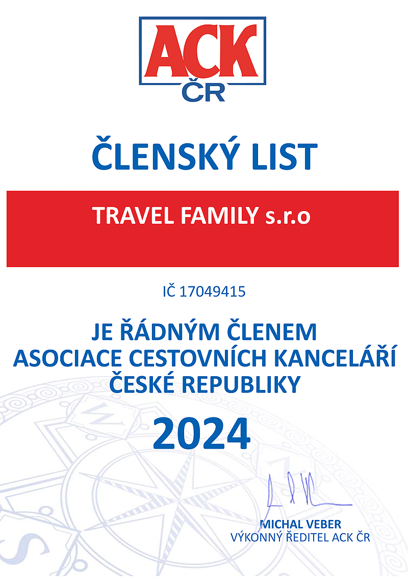 Členský list TRAVEL FAMILY o řádném členství v Asociaci čestovních kanceláří České Republiky
